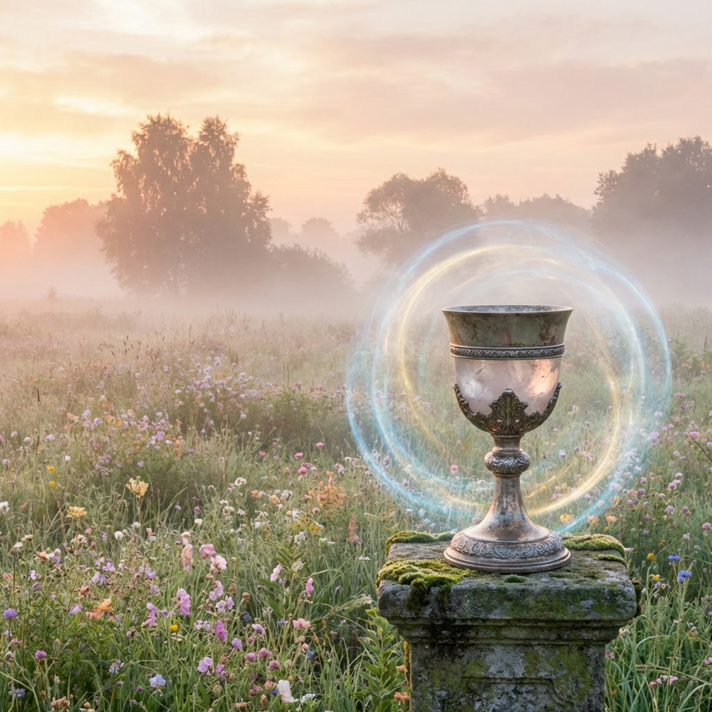 An ornate silver chalice on a stone pedestal surrounded by a glowing magical swirl in a misty field.