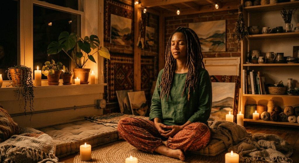 Woman sitting cross-legged on cushions meditating with eyes closed indoors