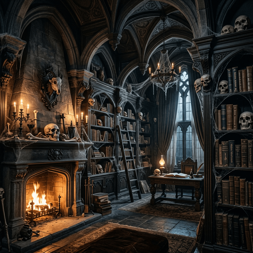 Gothic library interior with skulls, candles, fireplace, and old books