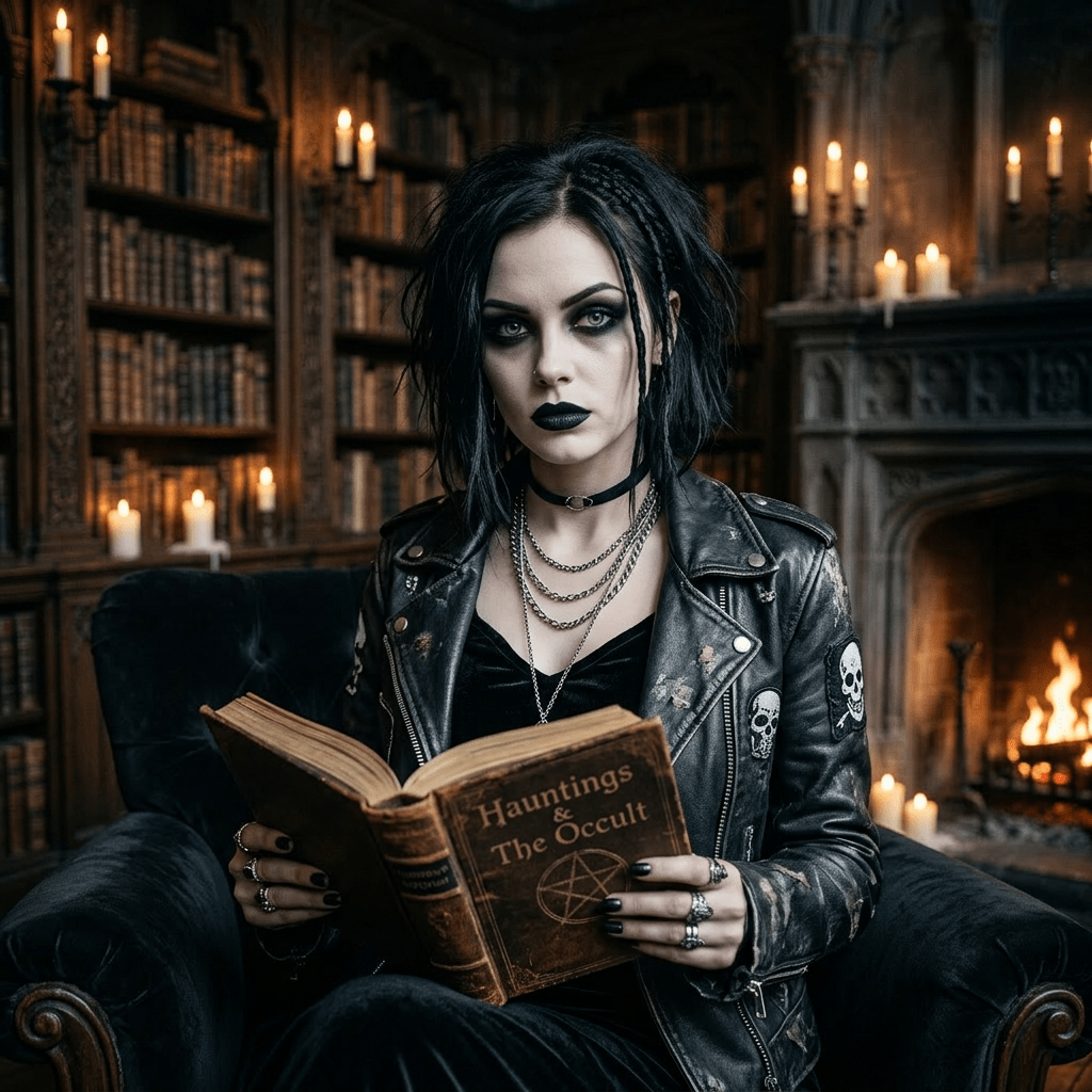 Gothic woman holding an old book titled 'Hauntings & The Occult' in a candlelit library.