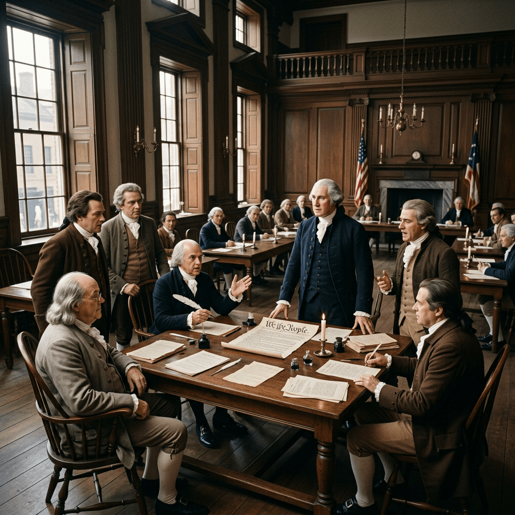 Founding Fathers discussing Constitution in 1787 hall