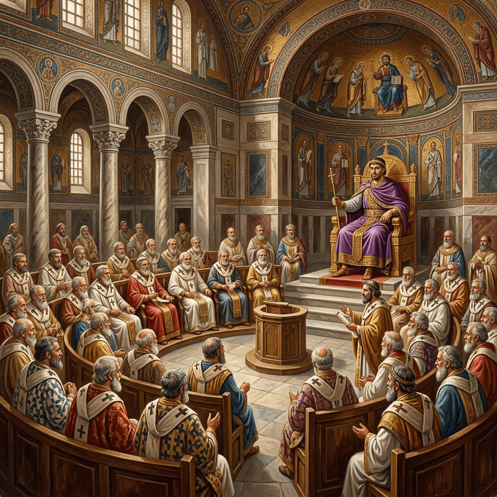 Assembly of early Christian clergy in a grand church with emperor on throne