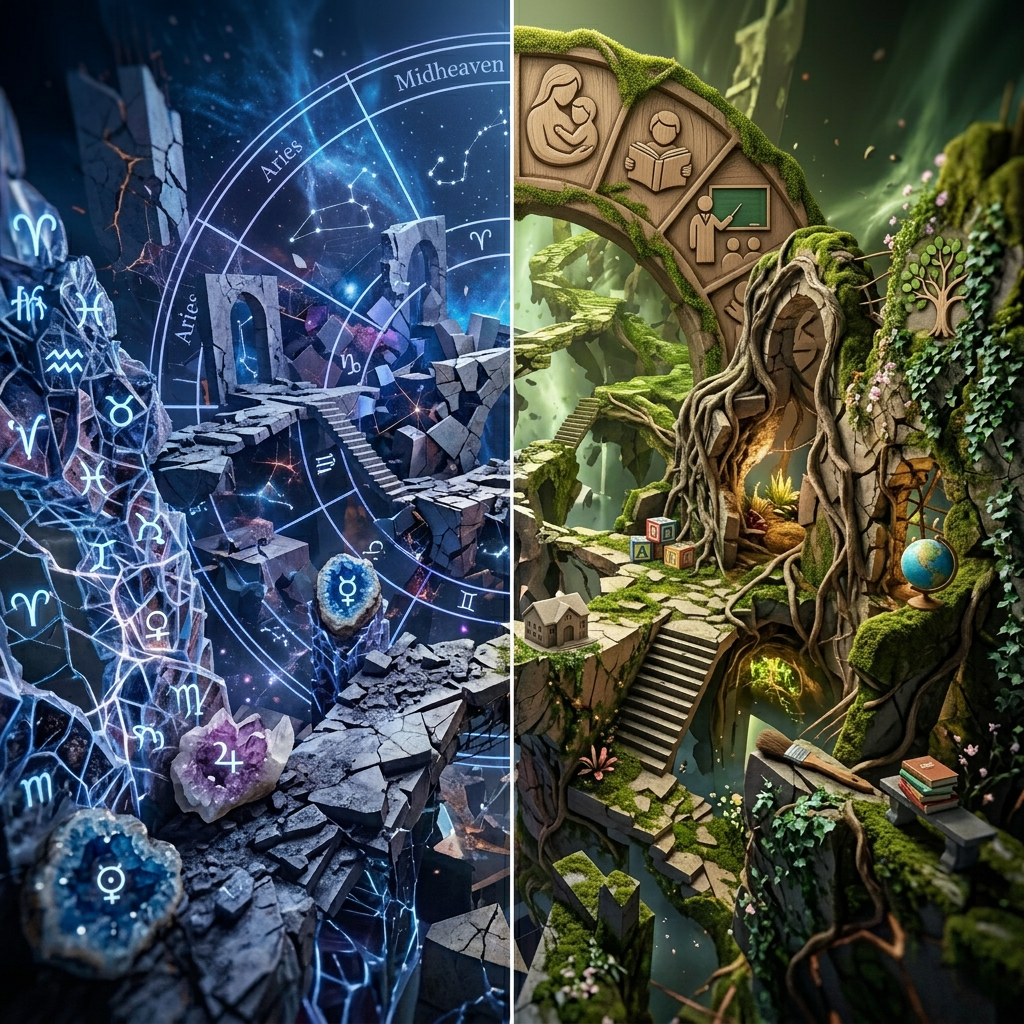 Cracked stone ruins with floating staircases and arches in a dark space