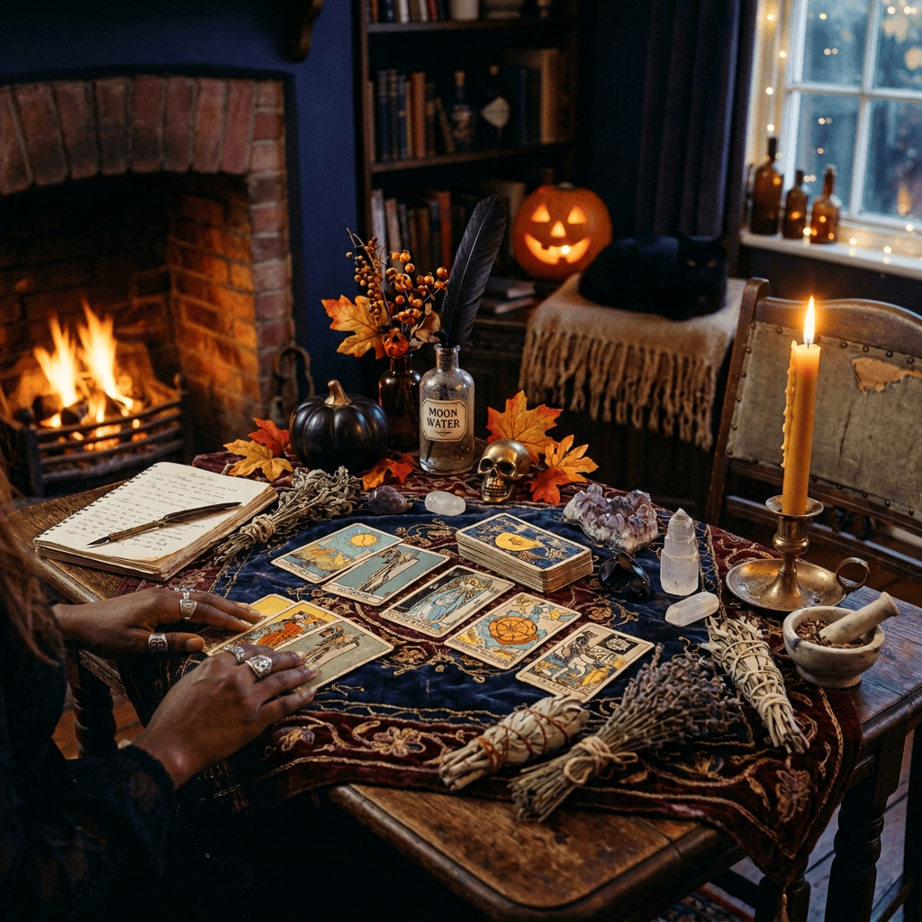 Tarot cards and crystals on a table beside a fireplace, with a Moon Water bottle